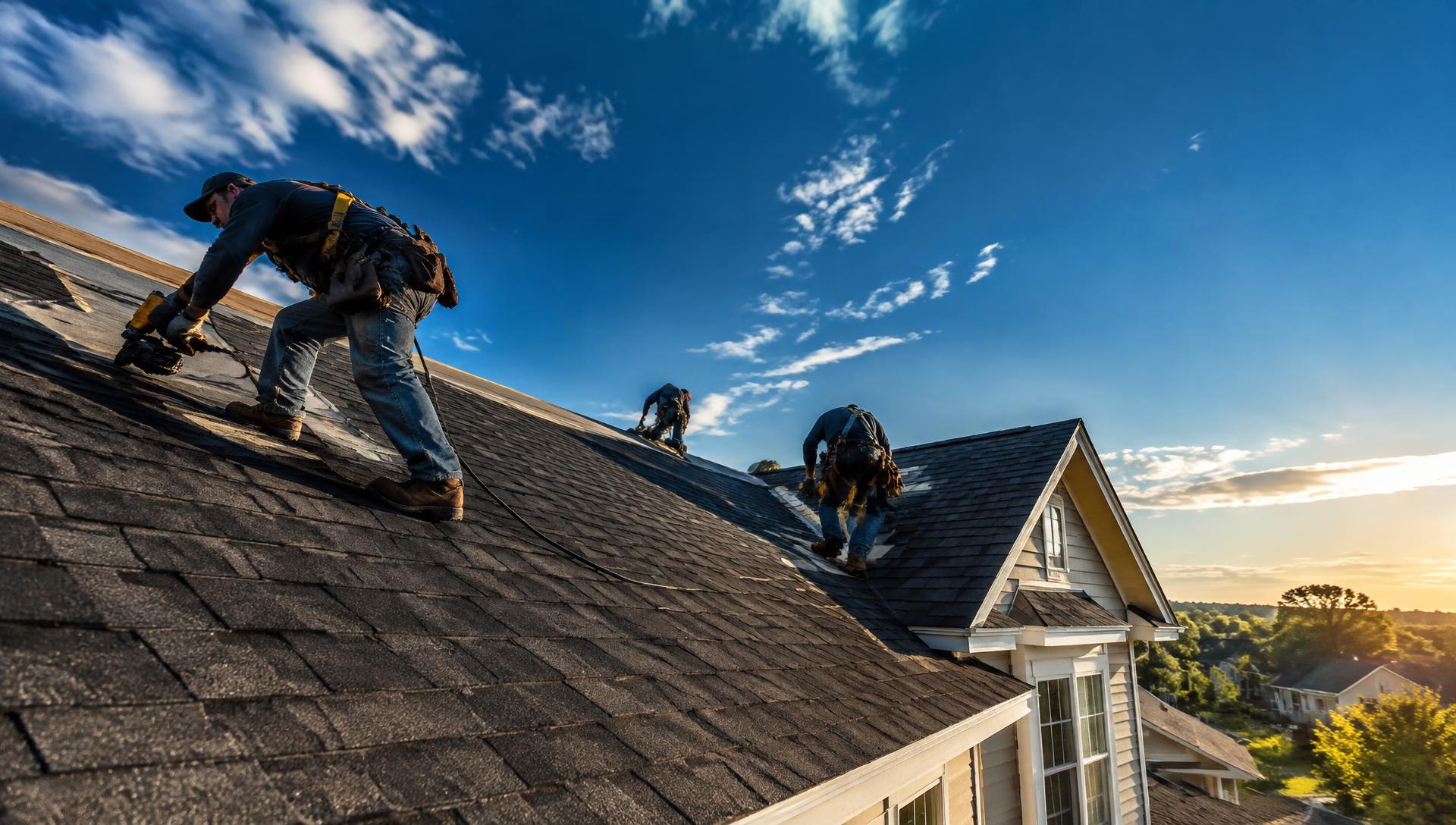 Roofing crew installing a new shingle roof